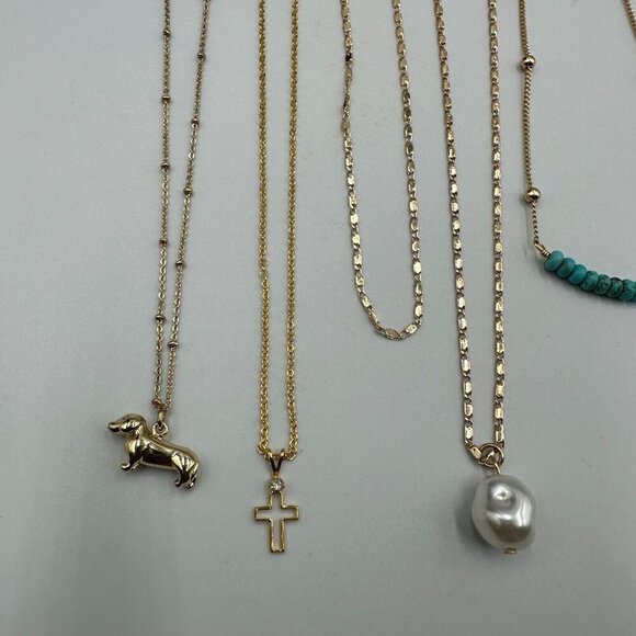 Necklace Lot Gold Tone Pendant Style Thin Chain Link Faux Pearl Puppy Cross - Picture 5 of 16
